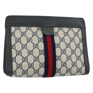 GUCCI GG Supreme Sherry Line Clutch Bag PVC Navy Fuchsia Auth